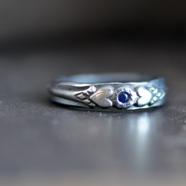 sterling silver blue sapphire ring with hearts and antique pattern, your choice of stone, ruby, sapphire, moissanite, diamond