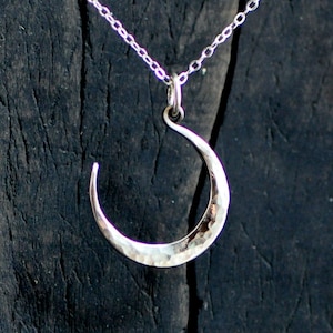 silver moon necklace, forged crescent moon, small moon pendant, celestial, lunar phase, shiny or darkened sterling silver