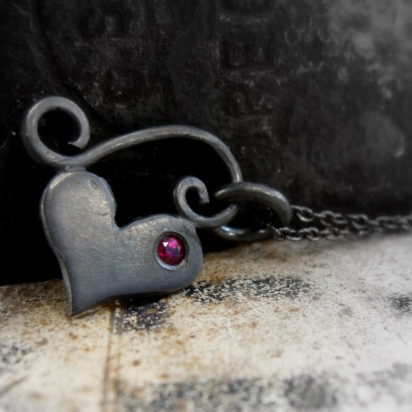 little silver heart necklace with ruby -  black heart pendant