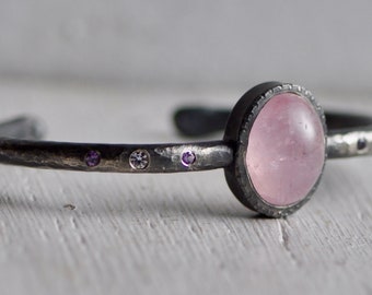 forged sterling silver cuff bracelet with morganite, moissantite and purple sapphire