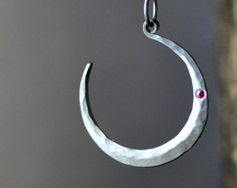 raspberry moon, ruby in a darkened silver moon pendant, crescent moon pendant, moon phase necklace,  July birthstone