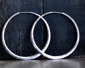 hoop earrings, sterling silver, hammered, wide endless style hoop