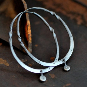 Dark sterling silver hoop earrings with a twist, and dangle,  large hammered sterling hoops, oval hoops, stamped hoops, eco friendly jewelry
