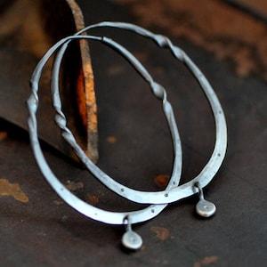 Dark sterling silver hoop earrings with a twist, and dangle,  large hammered sterling hoops, oval hoops, stamped hoops, eco friendly jewelry