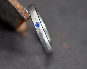 14k palladium white gold ring with flush set blue sapphire or your choice, engagement ring band, made to order in your size