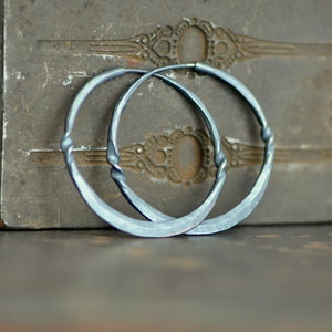 forged hoops sterling silver,  Medium endless loops, dark and twisted hoop, eco friendly