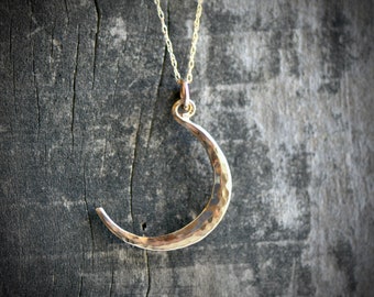 golden crescent moon, 14k gold moon necklace, hand wrought moon phase pendant with 14k gold chain, lunar pendant, eco friendly