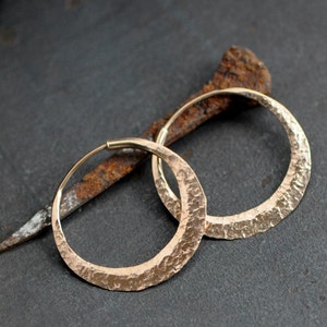 1 inchish rose gold hoop earrings, small hoops, rustic raw silk texture or your choice, mirror polish