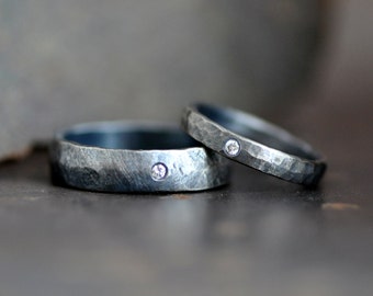 Hammered and darkened sterling silver ring band set with flush set diamonds, conflict free diamond, eco friendly jewelry