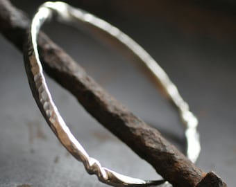 silver bangle bracelet, wrought sterling, hammered and twisted, thick forged bangle