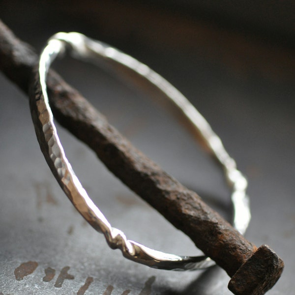 silver bangle bracelet, wrought sterling, hammered and twisted, thick forged bangle