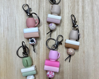 Bookish-minisleutelhanger | Sleutelhanger met siliconenkralen, sleutelhanger | telefoon, kindle-bedel | Accessoires met kralen | boekenstapel, boeken | koffie, thee, mok