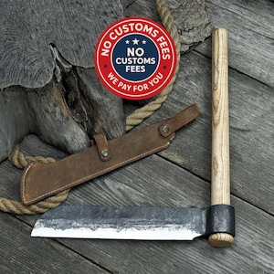 Splitting Froe. Woodworking Tool. Hand Forged from Hardened Carbon 52100 Steel, Ash Wood Handle, Leather Sheath. Wood Carving Tool. Axes.