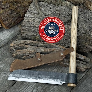 Big Splitting Froe. Handmade Sharp Blade. Hand Forged From Hardened Carbon Steel, Ash Wood Handle, With Leather Sheath. Chopping Tool. Gift