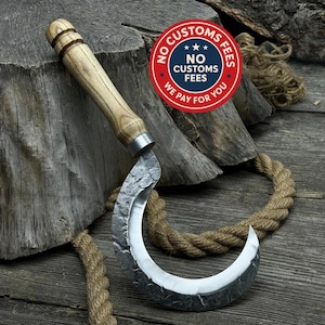 Kleine Garten-Sichel. Rasiermesserscharfe Klinge. Handgeschmiedet aus gehärtetem Carbon 52100 Stahl, ergonomischer Esche-Griff, mit Scheide. Gartenwerkzeug.