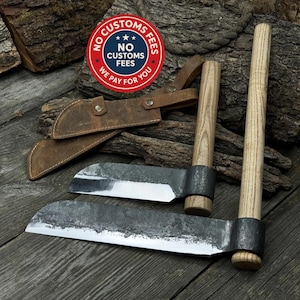 Wood Splitting Froes. Small and Big. Sharp Blade. Hand Forged from Hardened Carbon 52100 Steel, Ash Wood Handle, with Leather Sheaths. Gift