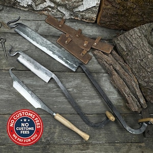 Stock Knives (Cloggers Knives). Sharp Blade is Protected by Leather Sheaths. Hand Forged from Hardened Carbon Steel, Ash Handle. Woodworking