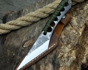 Small Throwing Knife. Balanced (Not Sharpened) Blade. Hand Forged From Hardened Carbon Steel, Ergonomic Handle with Paracord, Leather Sheath