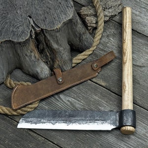 Splitting Froe. Woodworking Tool. Hand Forged from Hardened Carbon 52100 Steel, Ash Wood Handle, Leather Sheath. Wood Carving Tool. Axes.