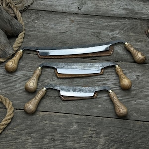 Wood Carving Drawknives. Sharp Blades. Hand Forged From Hardened Carbon 52100 Steel, Ergonomic Ash Handles, With Leather Sheaths. Gift Him
