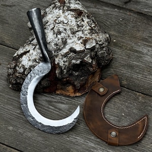 Small Sickle with Forged Handle. Sharp Blade. Hand Forged from Hardened Carbon 52100 Steel, Leather Sheath. Garden Scythe. Druid Sickle.