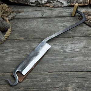 Cloggers Knife (Stock Knife). Sharp Blade. Hand Forged from Hardened Carbon Steel, Ash Wood Handle, with Leather Sheath. Woodworking Tool.