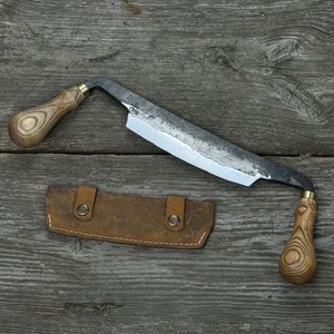 Medium Drawknife. Razor Sharp Blade. Hand Forged from Hardened Carbon 52100 Steel. Ash Wood Handle, with Leather Sheath. Spoon Carving Knife