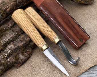 2-Piece Spoon Carving Knife Set with Leather Belt Holster, Hand Forged 52100 Carbon Steel