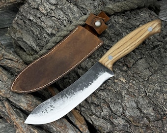 Skinning Knife (Utility Knife). Razor Sharp Blade. Hand Forged from Hardened Carbon Steel, Ash Handle, Leather Sheath. Camping Knife, Gift