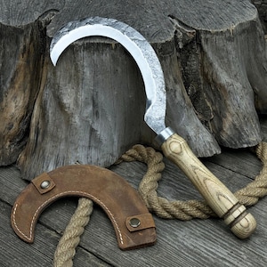 Garden Sickle. Razor Sharp Blade. Hand Forged from Hardened Carbon Steel, Ergonomic Ash Handle, With Leather Sheath. Gardening Tool. Scythe