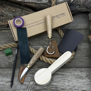 Wood Carving Tool Kit for Beginners. Spoon Carving Kit for Hobby. Sharp Hand Forged Carving Steel Knife, Ergonomic Handles. Gift for Dad