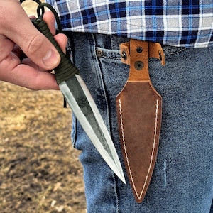 Throwing Knife with Leather Sheath and Belt Loop – Hand Forged 52100 Carbon Steel, Paracord Handle – Balanced Outdoor Practice Knife
