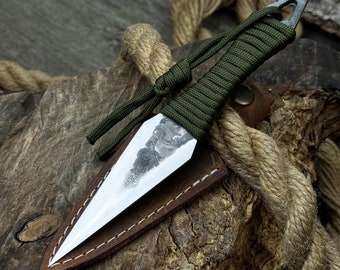 Throwing Knife (Ninja Knife). Balanced (Not Sharpened) Blade. Hand Forged From Hardened Carbon Steel, Handle with Paracord, Leather Sheath