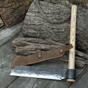 Big Splitting Froe. Handmade Sharp Blade. Hand Forged From Hardened Carbon Steel, Ash Wood Handle, With Leather Sheath. Chopping Tool. Gift