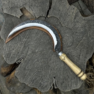 Large Garden Sickle. Razor Sharp Blade. Hand Forged From Hardened Carbon 52100 Steel, Ergonomic Ash Handle, With Sheath. Gardening Tool.