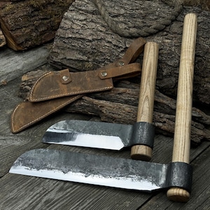 Wood Splitting Froes. Small and Big. Sharp Blade. Hand Forged from Hardened Carbon 52100 Steel, Ash Wood Handle, with Leather Sheaths. Gift