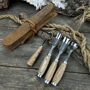 Wood Carving Tool Set 4 PCS. Sharp Blades. Hand Forged From Hardened Carbon 52100 Steel, Ash Wood Handles, With Leather Roll. Gift for Him