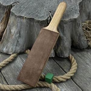 Cinturón de cuero para afilar cuchillos de 35,5 cm. Tabla de madera de roble. Incluye pasta de pulido. Afilado de cuchillos. Afilado con asentador de cuero. Asentador de un solo lado.