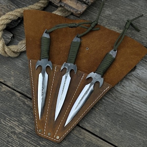 Throwing Knives. Balanced Blades. Hand Forged From Hardened Carbon 52100 Steel, Ergonomic Handles With Paracord, Leather Roll. Gift for Man