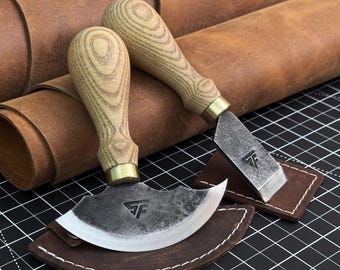 Leather Knives, Round Knife and Flat Skiving Knife, Hand Forged Saddlers Tools, Leatherworker Gift