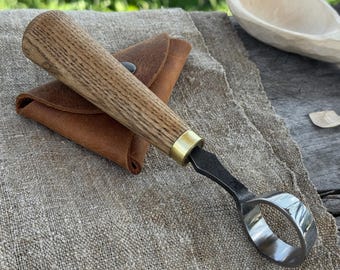 Spoon Carving Scorp Knife. Razor Sharp Blade. Hand Forged from Hardened Carbon 52100 Steel, Ash Wood Handle, with Leather Sheath. Gift Men.