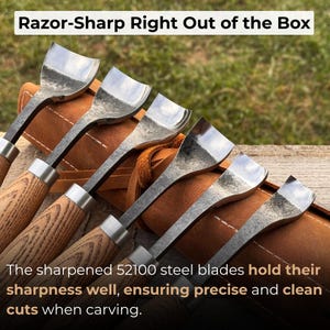 May include: A set of carving tools with wooden handles and steel blades. The text "Razor-Sharp Right Out of the Box" is at the top. The text "The sharpened 52100 steel blades hold their sharpness well, ensuring precise and clean cuts when carving" is at the bottom.