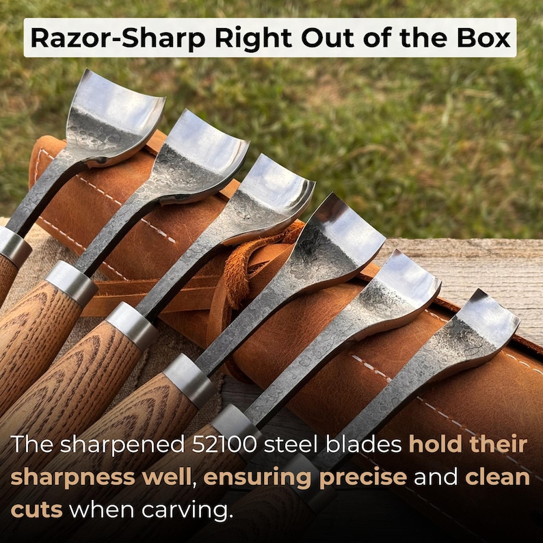 May include: A set of carving tools with wooden handles and steel blades. The text "Razor-Sharp Right Out of the Box" is at the top. The text "The sharpened 52100 steel blades hold their sharpness well, ensuring precise and clean cuts when carving" is at the bottom.