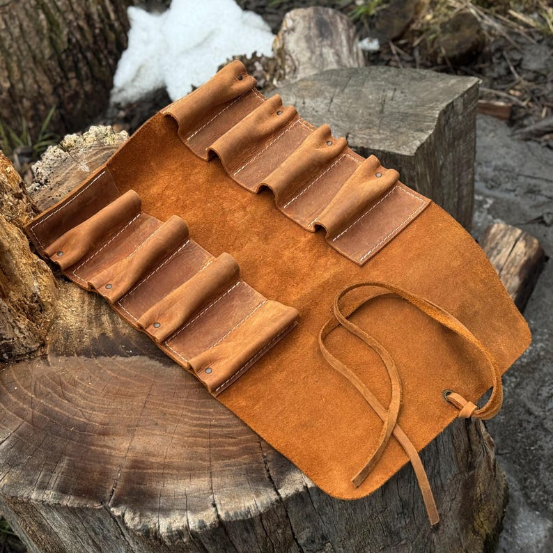 Genuine Leather Tool Roll with 8 Pockets. Universal Leather Crazy Horse. Tool Storage Bag. Roll for Chisels, Gouge, Knives and Garage Tools image 16
