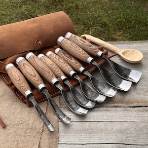 Forged 8-Piece Bent Gouge Set. Carbon Steel Blades, Ash Handles, Leather Roll. Wood Carving Tools for Relief Work, Spoon and Bowl Carving