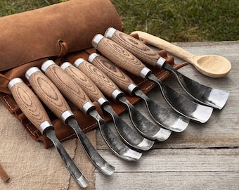 Forged Bent Gouges. Carbon Steel Blades, Ash Handles, Leather Roll. Wood Carving Tools for Relief Work, Spoon and Bowl Carving