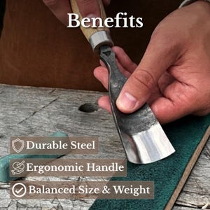 May include: A metal gouge tool with a wooden handle featuring the text Benefits, Durable Steel, Ergonomic Handle, and Balanced Size & Weight. The tool has a curved, polished steel blade with a dark, textured finish near the handle connection.