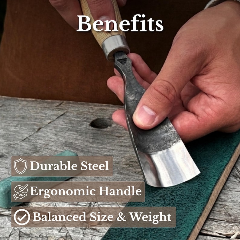 May include: A metal gouge tool with a wooden handle featuring the text Benefits, Durable Steel, Ergonomic Handle, and Balanced Size & Weight. The tool has a curved, polished steel blade with a dark, textured finish near the handle connection.