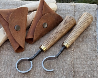 Hook and Scorp Knives. Razor Sharp Blade Forged from Carbon 52100 Steel, Ergonomic Ash Handle, Leather Sheaths. Spoon Carving Knives.