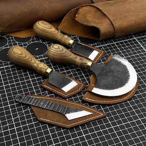 Leatherworking Skiving Knife Set – 4 PCS Hand Forged Blades from 52100 Carbon Steel, Ash Wood Handles, Leather Sheaths, Leather Craft Tools